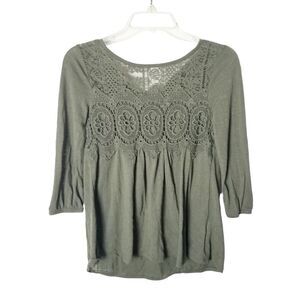 Rewind Women Extra Small Olive Green Crochet 3/4 Sleeve‎ Pullover Top